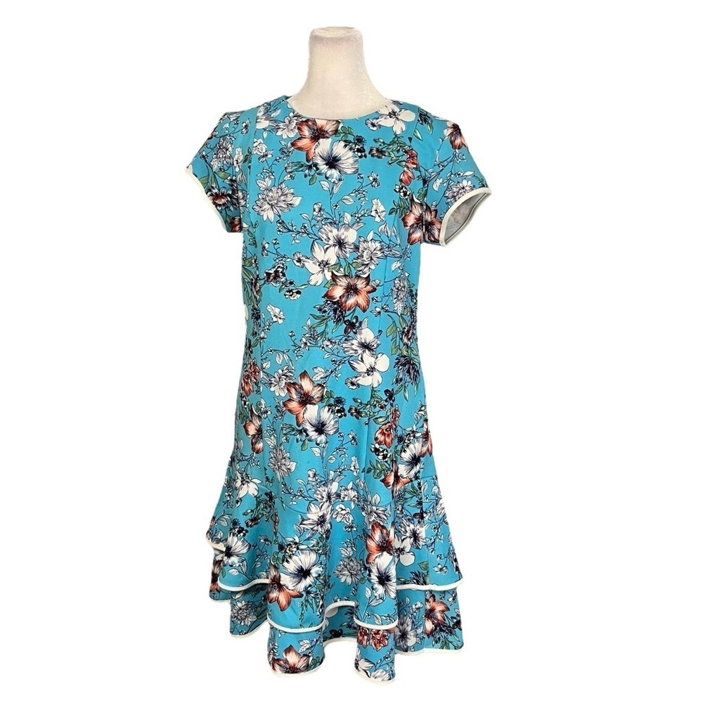 Shelby Palmer Aqua Floral Ruffle Hem Dress Size 8